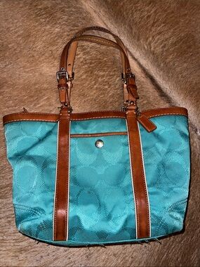 Coach Teal Tote with Brown Leather Trim